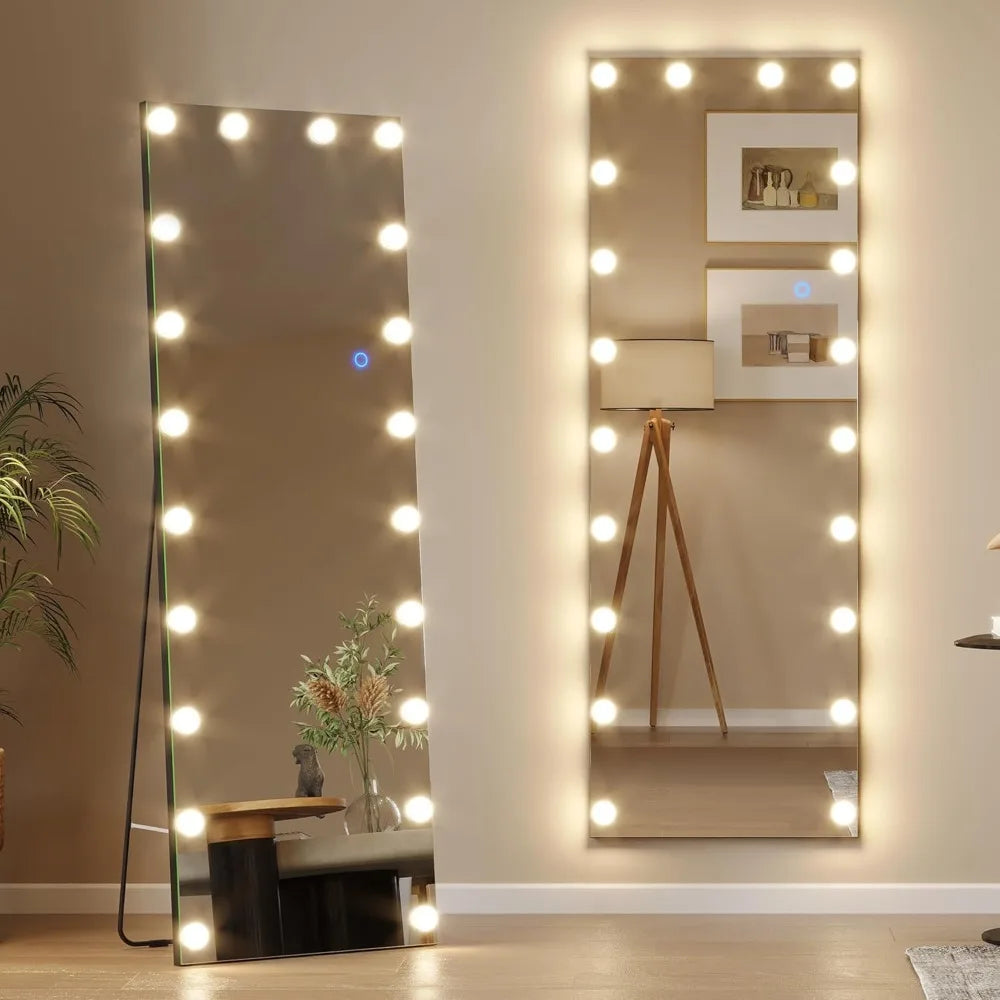 61" X 20" Full Length Mirror with Lights Bulbs Free Standing，LED Wall Mirror，Dimming & 3 Color Lighting，Total Body Mirror