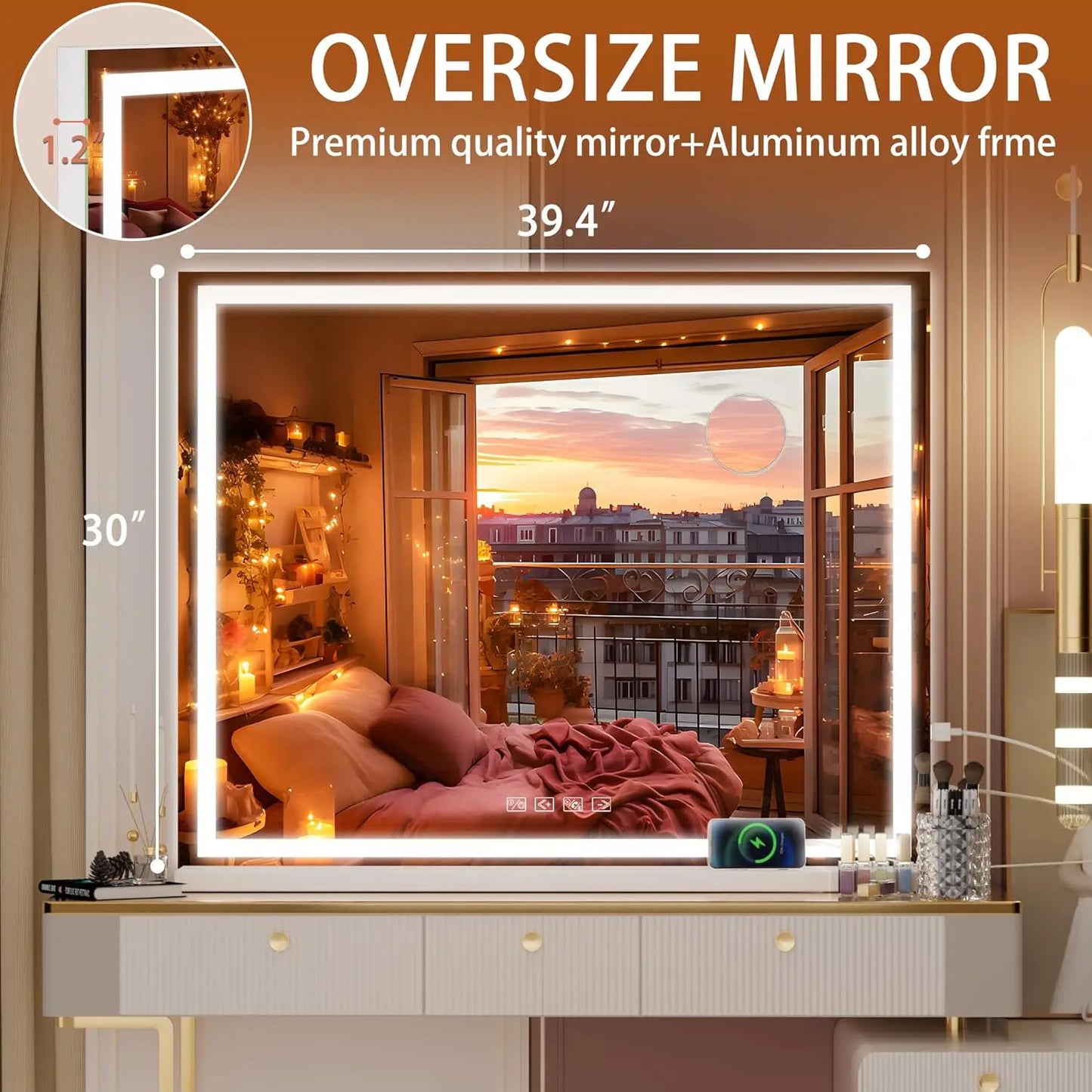 Hasipu Vanity Mirror with Lights and Bluetooth Speaker, 40" x 30" LED Makeup Mirror, Lighted Makeup Mirror with Dimmable