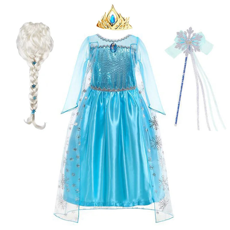 Disney Girls Elsa Princess Dress for Long Sleeve Kids Birthday Cosplay Frozen Costume Fancy 2024 Carnival Dress Up Party Costume