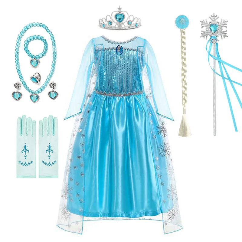 Disney Girls Elsa Princess Dress for Long Sleeve Kids Birthday Cosplay Frozen Costume Fancy 2024 Carnival Dress Up Party Costume