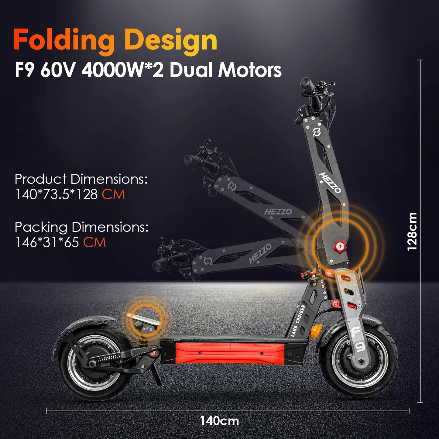 HEZZO 60V 8000W 62.5MPH Off-road Electric Scooter 40AH 63mile With NFC Damping Rod 12"Fat Tire Dual Motors Mountain Cross E-bike