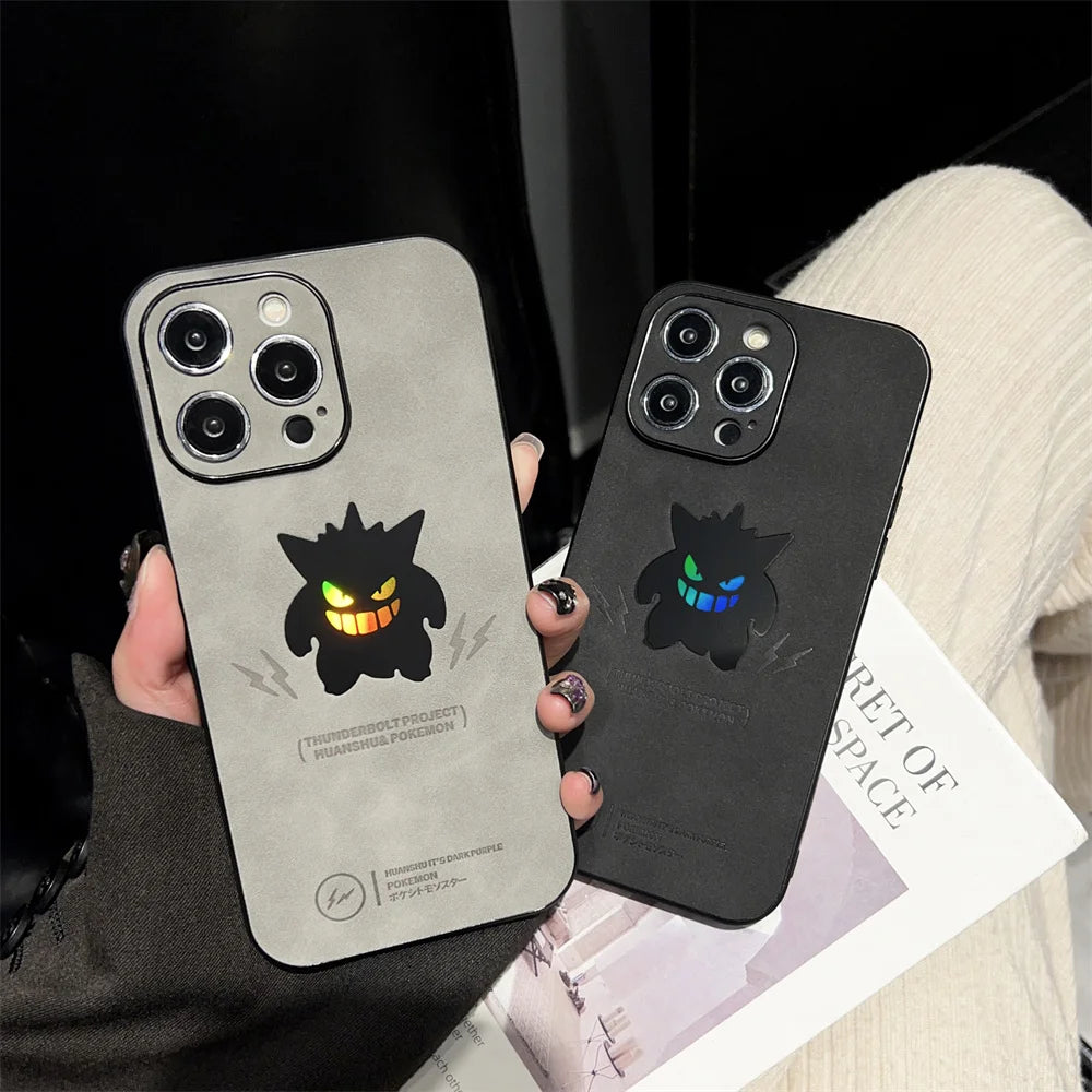 Anime Pokemon Gengar Retro Leather Laser Cases for iPhone 16 15 14 13 12 11 Pro Max 16Plus Cartoon Soft Back Cover