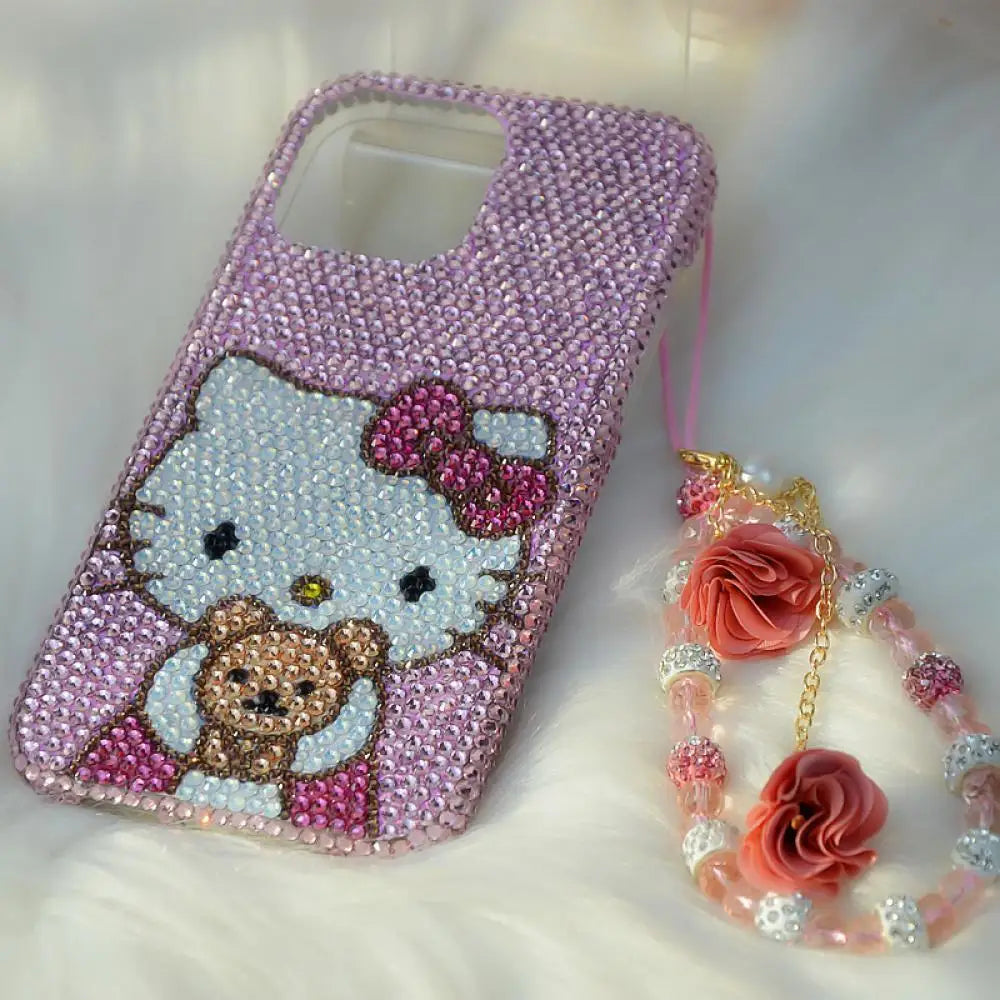 New Sanrios Hello Kitty Iphone 16Promax 15 14 13 Phone Case Kawaii Cartoon Apple Phone Case Rhinestone Girlfriend Festival Gift