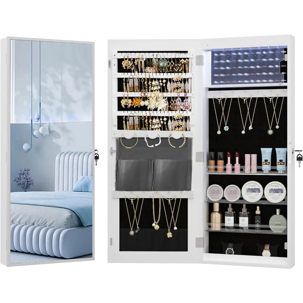 8 LEDs Mirror Jewelry Cabinet, Organizer, Wall/Door Mount Lockable Storage Cabinet with 6 Earrings Shelves, 2 Makeup Pockets