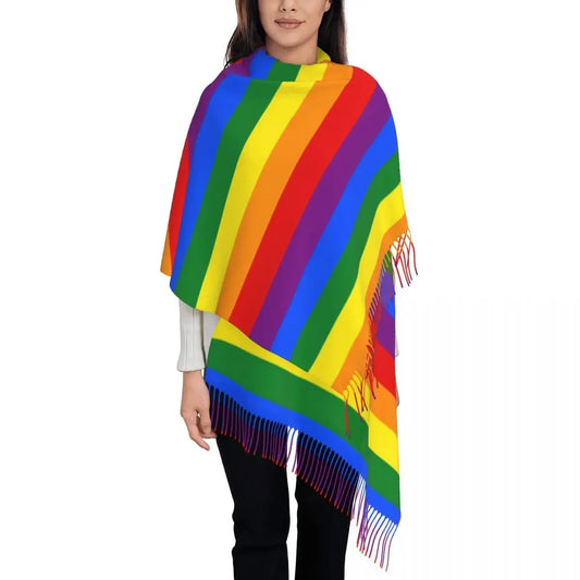 Womens Scarf Outdoor Colorful Rainbow Flag Large Scarves with Tassel Gay Pride LGBT Modern Popular Shawl Wraps Winter Foulard