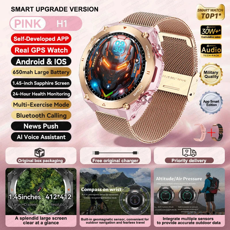 2024 New Outdoor Military GPS Smart Watch Men AMOLED HD Screen Heart Rate Blood Pressure Bluetooth Call Waterproof Smartwatches