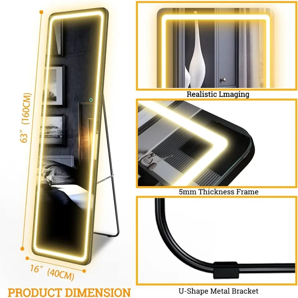 63"x16" Full Body Mirror LED, Dimming & 3 Color Lighting, Wall Mounted Lighted Mirror Touch Control, Full Length Mirror