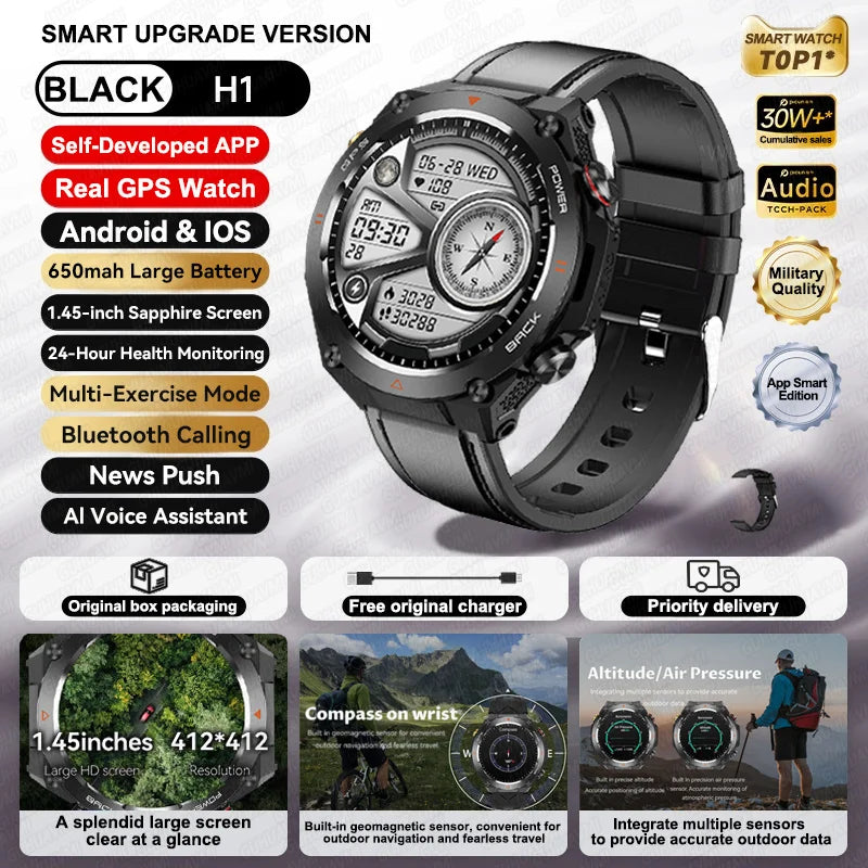 2024 New Outdoor Military GPS Smart Watch Men AMOLED HD Screen Heart Rate Blood Pressure Bluetooth Call Waterproof Smartwatches