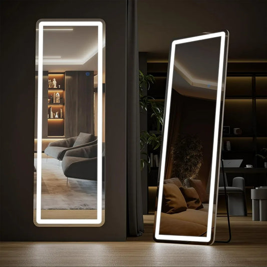 Mirror Full Length Standing Mirror with LED Lights, Lighted Floor Mirror with Stand, 3 Color Lighting, White 64"x21"