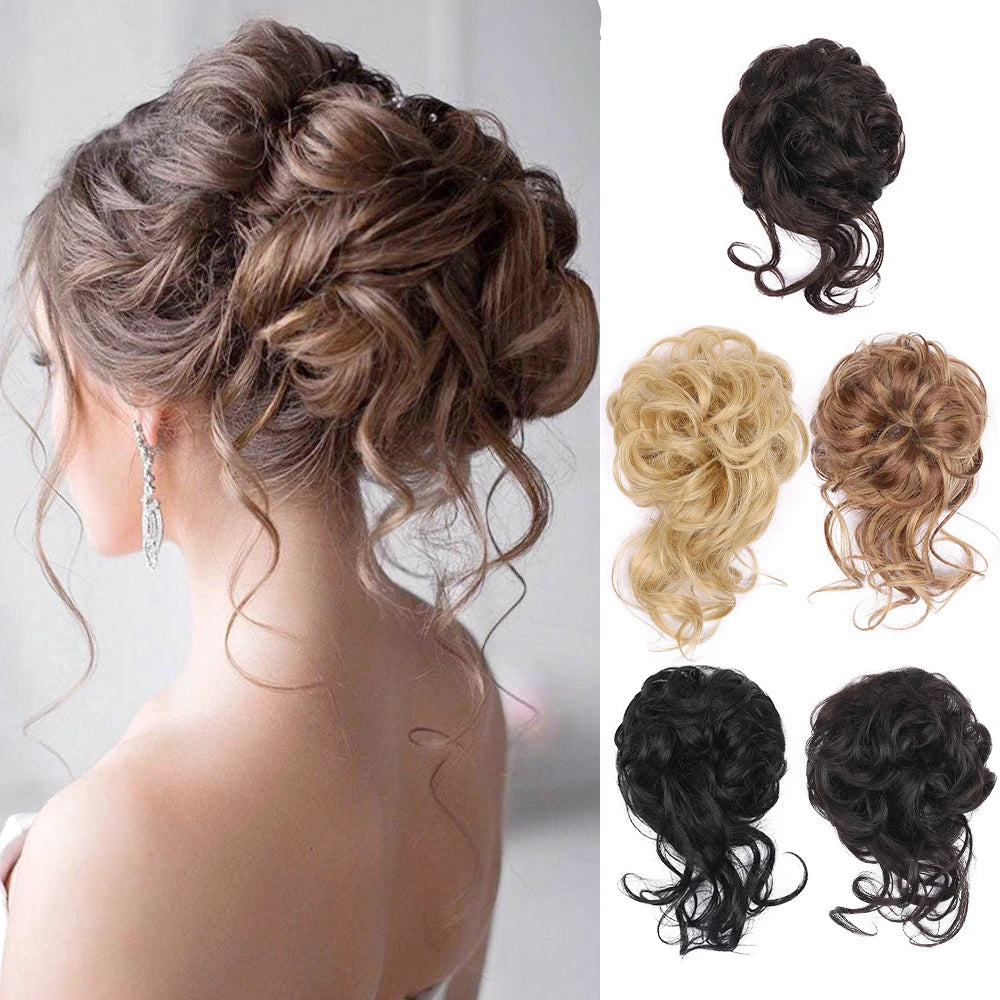 AliLeader Synthetic Chignon Hair Extension Curly Hair Bun Short Messy Hair Band Donuts Elastic Drawstring Ponytail Women