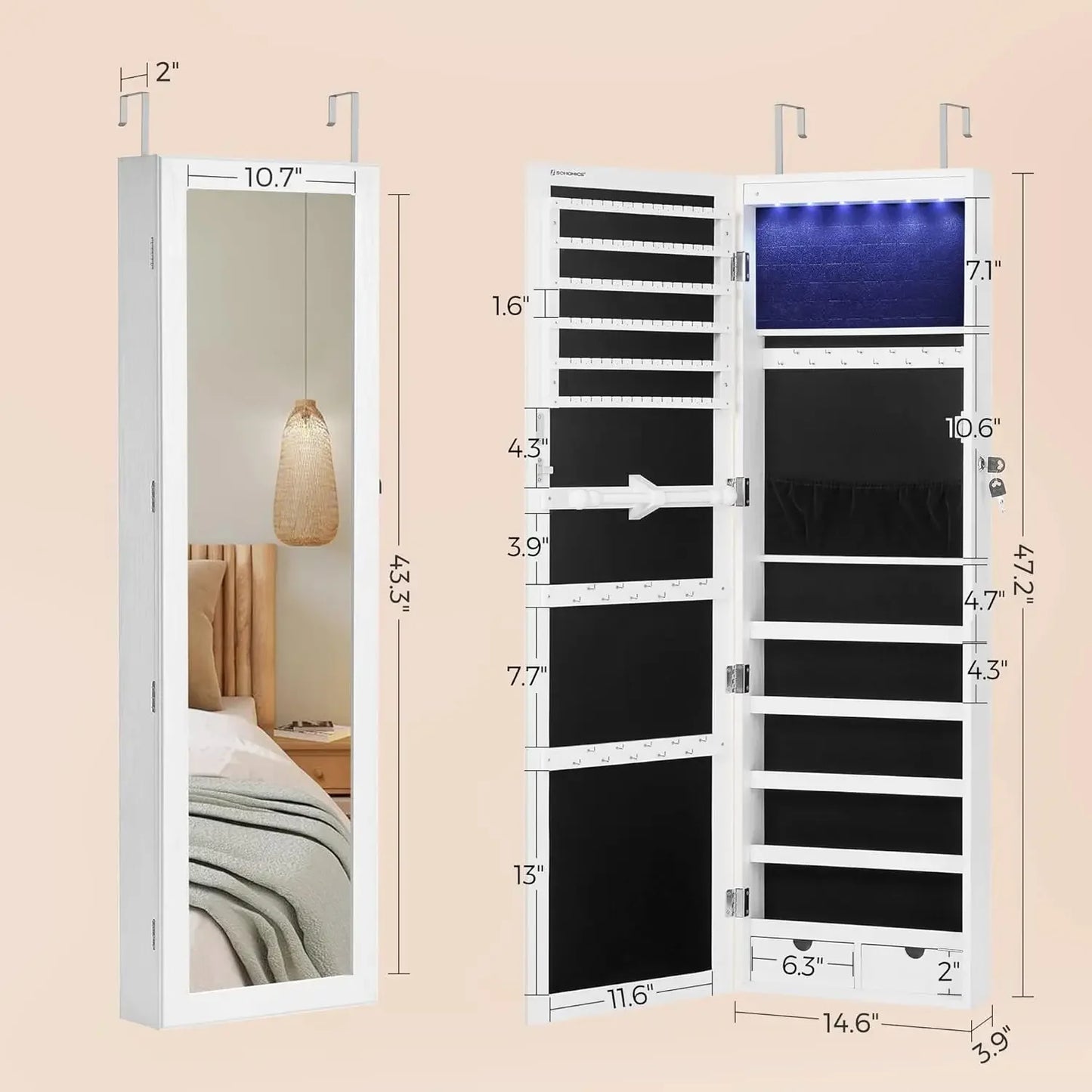 LEDs Mirror Jewelry Cabinet, 47.2-Inch Tall Lockable Wall or Door Mounted Jewelry Armoire Organizer with Mirror, 2 Drawers, 3.9