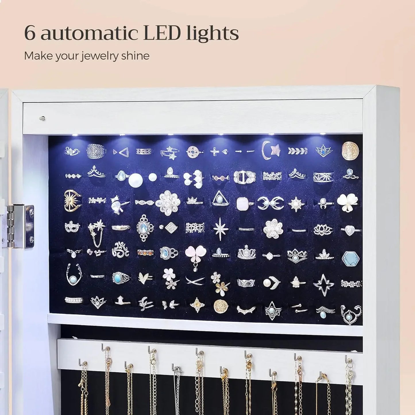 LEDs Mirror Jewelry Cabinet, 47.2-Inch Tall Lockable Wall or Door Mounted Jewelry Armoire Organizer with Mirror, 2 Drawers, 3.9