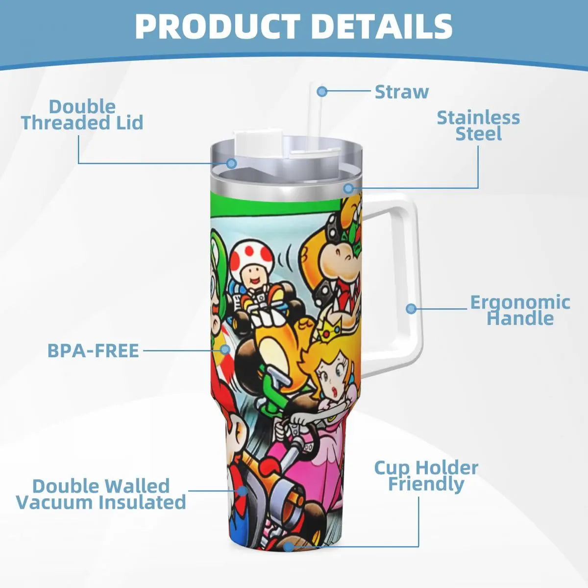 Stainless Steel Tumbler Super Mario Kart Mugs Cup With Straws Camping Cold Hot Water Bottle Heat Preservation 40oz Thermal Cups