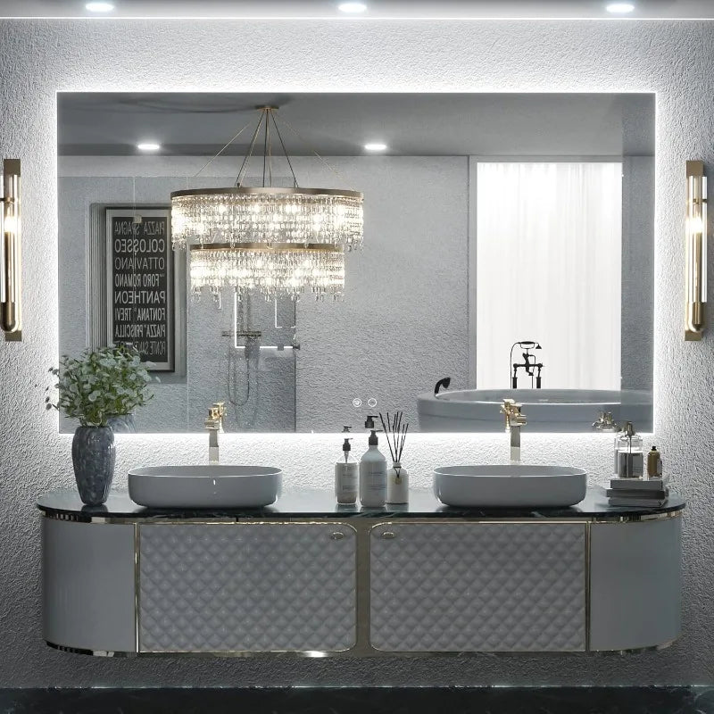 Backlit LED Bathroom Mirror with Acrylic Wrapped Light Strips, Anti-Fog, Stepless Dimmable, Large Lighted Bathroom Vanity Mirror