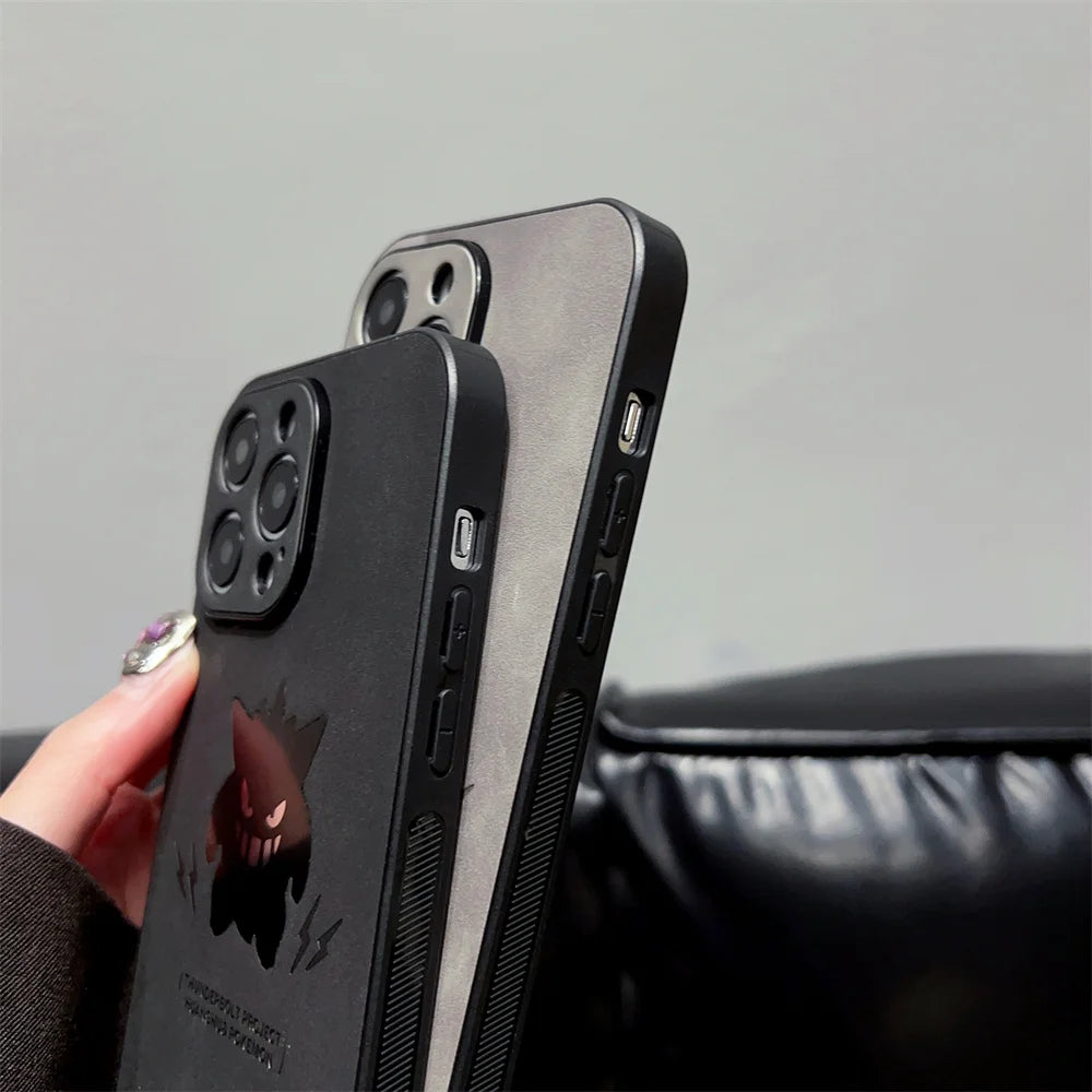 Anime Pokemon Gengar Retro Leather Laser Cases for iPhone 16 15 14 13 12 11 Pro Max 16Plus Cartoon Soft Back Cover