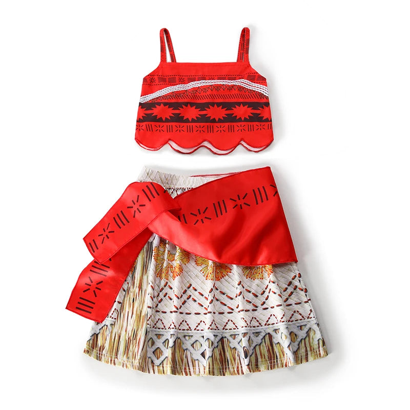 Disney Moana Dresses Girls Cosplay Costume Girl Princess Summer Casual Fancy Clothes Children Vaiana Princess Dress Necklace Wig