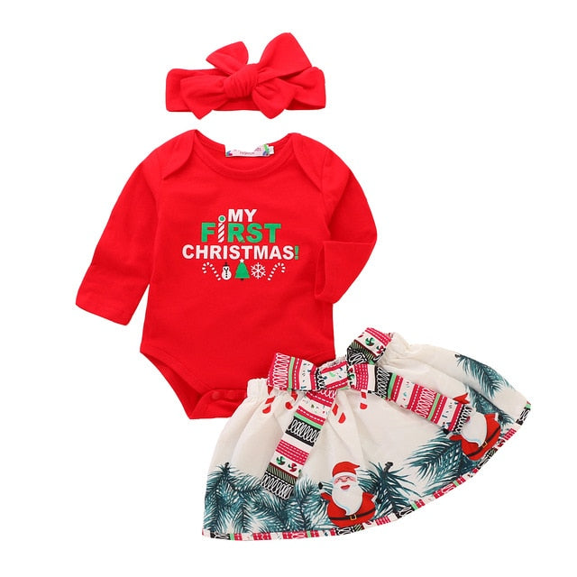 My First Christmas Girl Clothes Baby Girl Clothes Set 3Pcs Pure Red Tops Bodysuit+Bow Skirt+Headband Baby Christmas