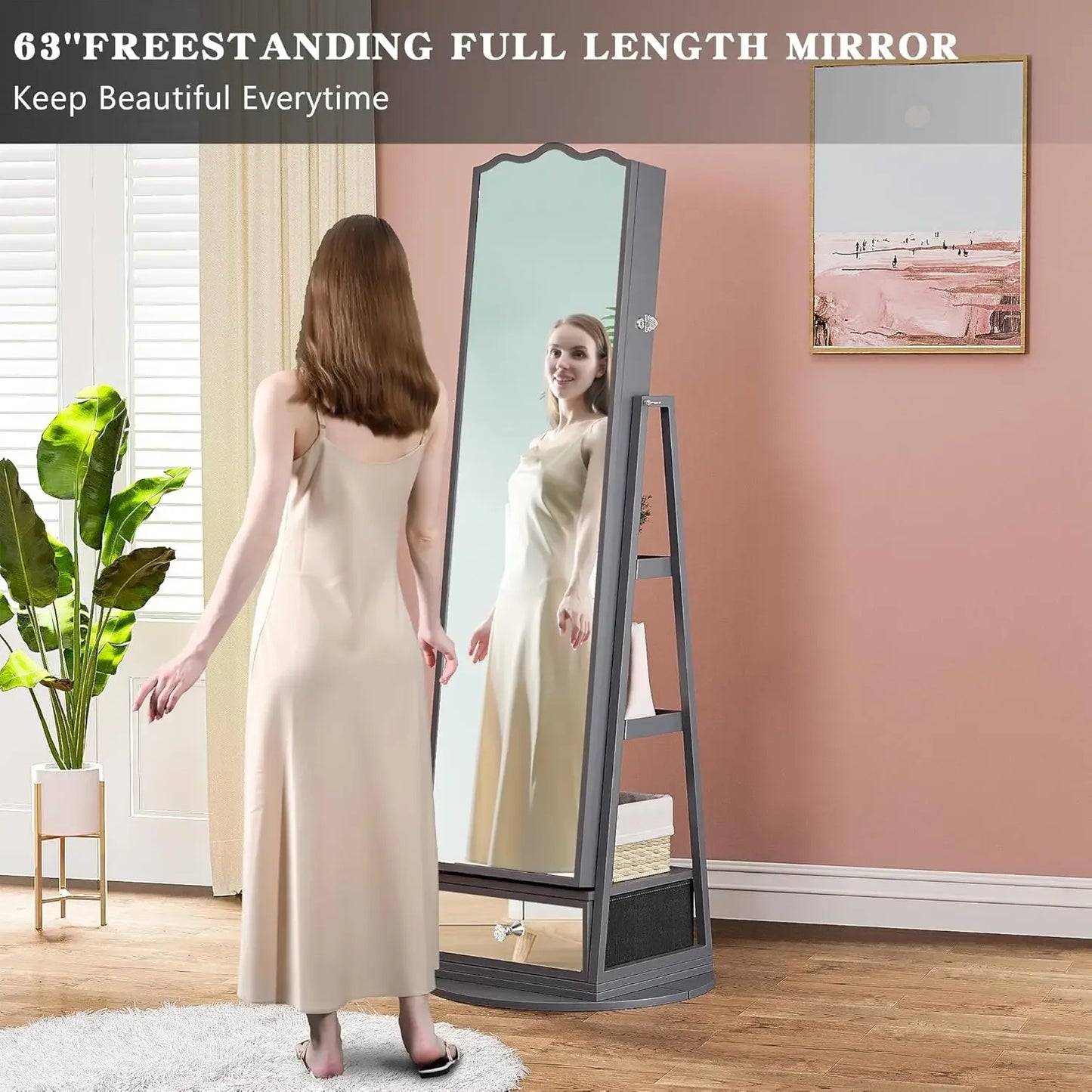 360° Rotating LED Jewelry Armoire, Full Length Mirror Large Capacity Jewelry Organizer Armoire, Lockable Floor Standing Mirror