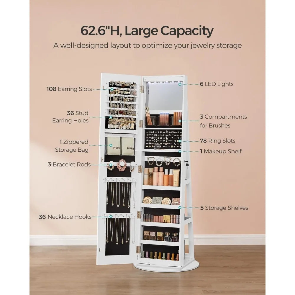 LED Mirror Jewelry Cabinet Standing, Lockable Armoire with Full-Length and Adjustable Lights, Space-Saving Organizer Mirror