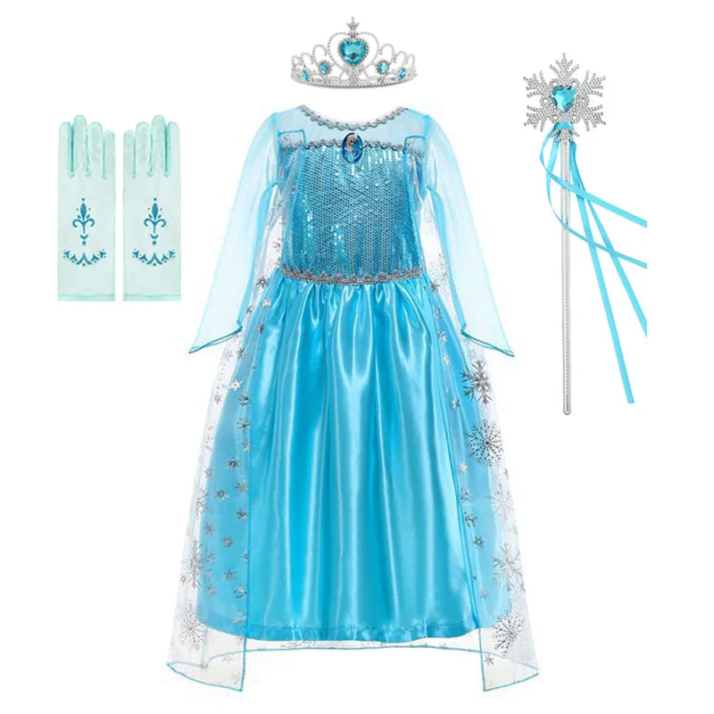 Disney Girls Elsa Princess Dress for Long Sleeve Kids Birthday Cosplay Frozen Costume Fancy 2024 Carnival Dress Up Party Costume