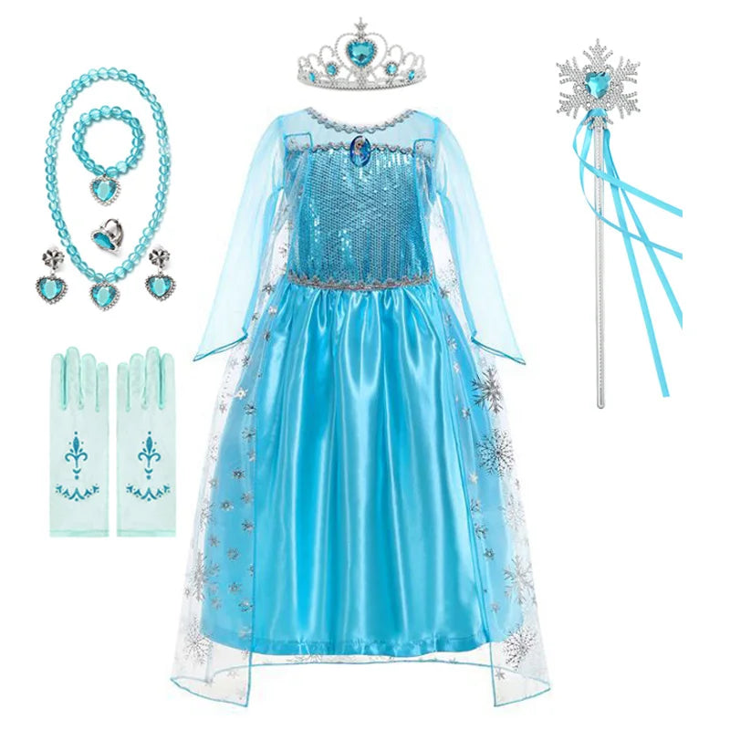 Disney Girls Elsa Princess Dress for Long Sleeve Kids Birthday Cosplay Frozen Costume Fancy 2024 Carnival Dress Up Party Costume