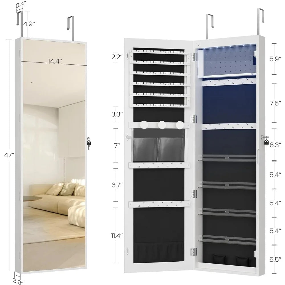 8 LEDs Mirror Jewelry Cabinet, Organizer, Wall/Door Mount Lockable Storage Cabinet with 6 Earrings Shelves, 2 Makeup Pockets