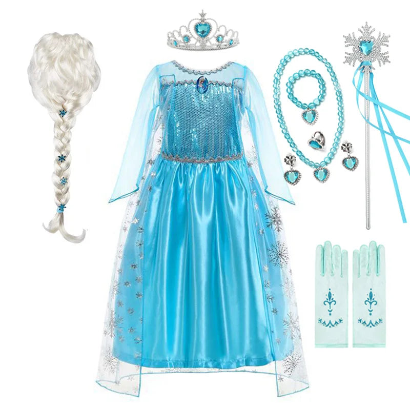 Disney Girls Elsa Princess Dress for Long Sleeve Kids Birthday Cosplay Frozen Costume Fancy 2024 Carnival Dress Up Party Costume