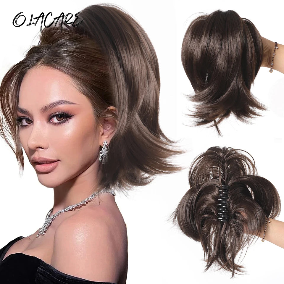 OLACARE Synthetic Straight Chignon Messy Fluffy Hair Bun Claw Clip-in Hair Extensions For Women Fake Hair Scrunchy