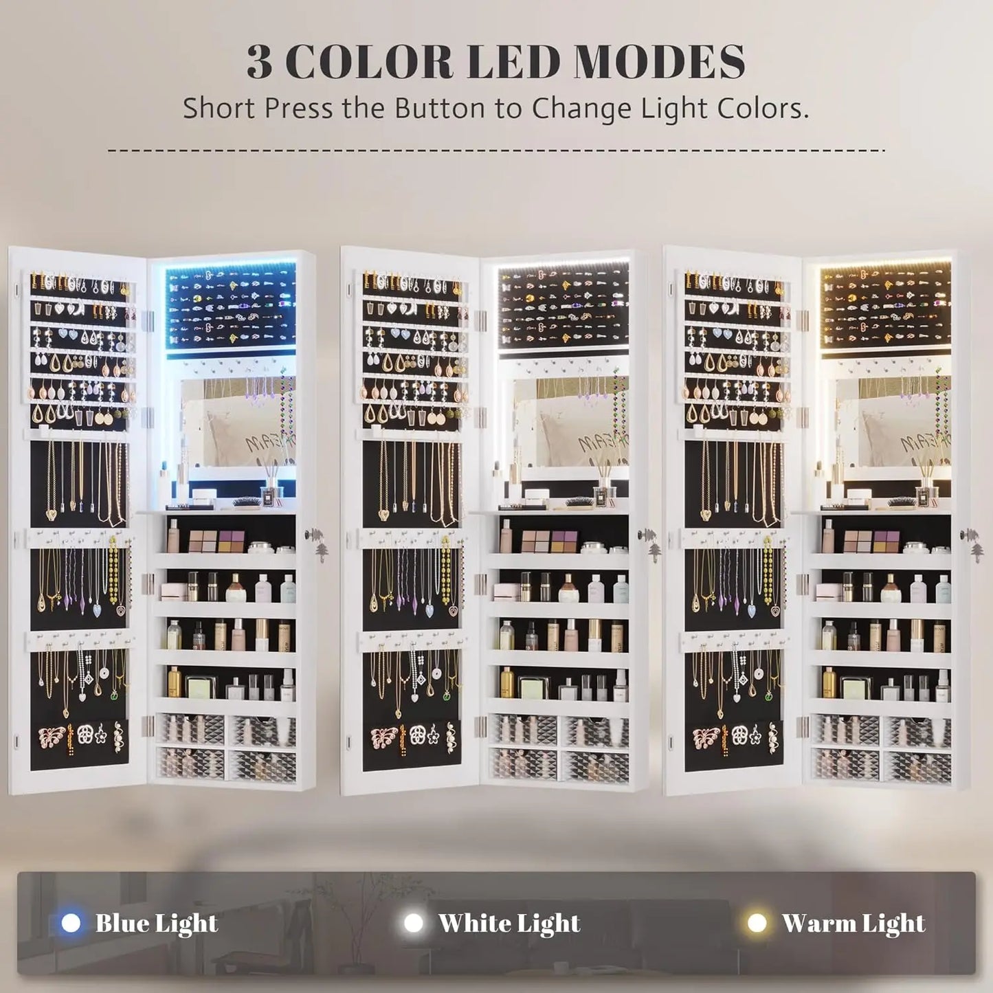 47.2" LED Jewelry Mirror Cabinet, Wall/Door Mounted Jewelry Armoire Organizer with Full Length Mirror, Large Storage Hang