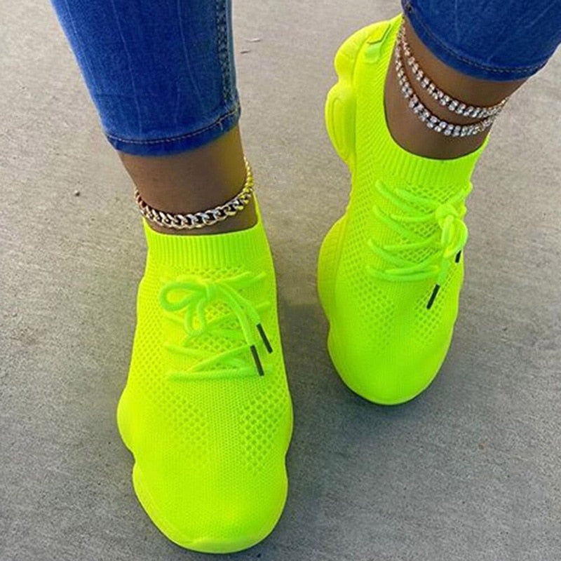 Air Mesh Women Sneaker Sock Shoes Summer Breathable Cross Tie Platform Round Toe Casual Fashion Sport Lace Up Female Girl