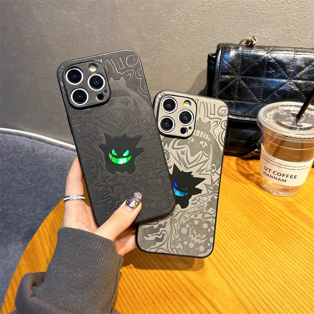 Anime Pokemon Gengar Retro Leather Laser Cases for iPhone 16 15 14 13 12 11 Pro Max 16Plus Cartoon Soft Back Cover