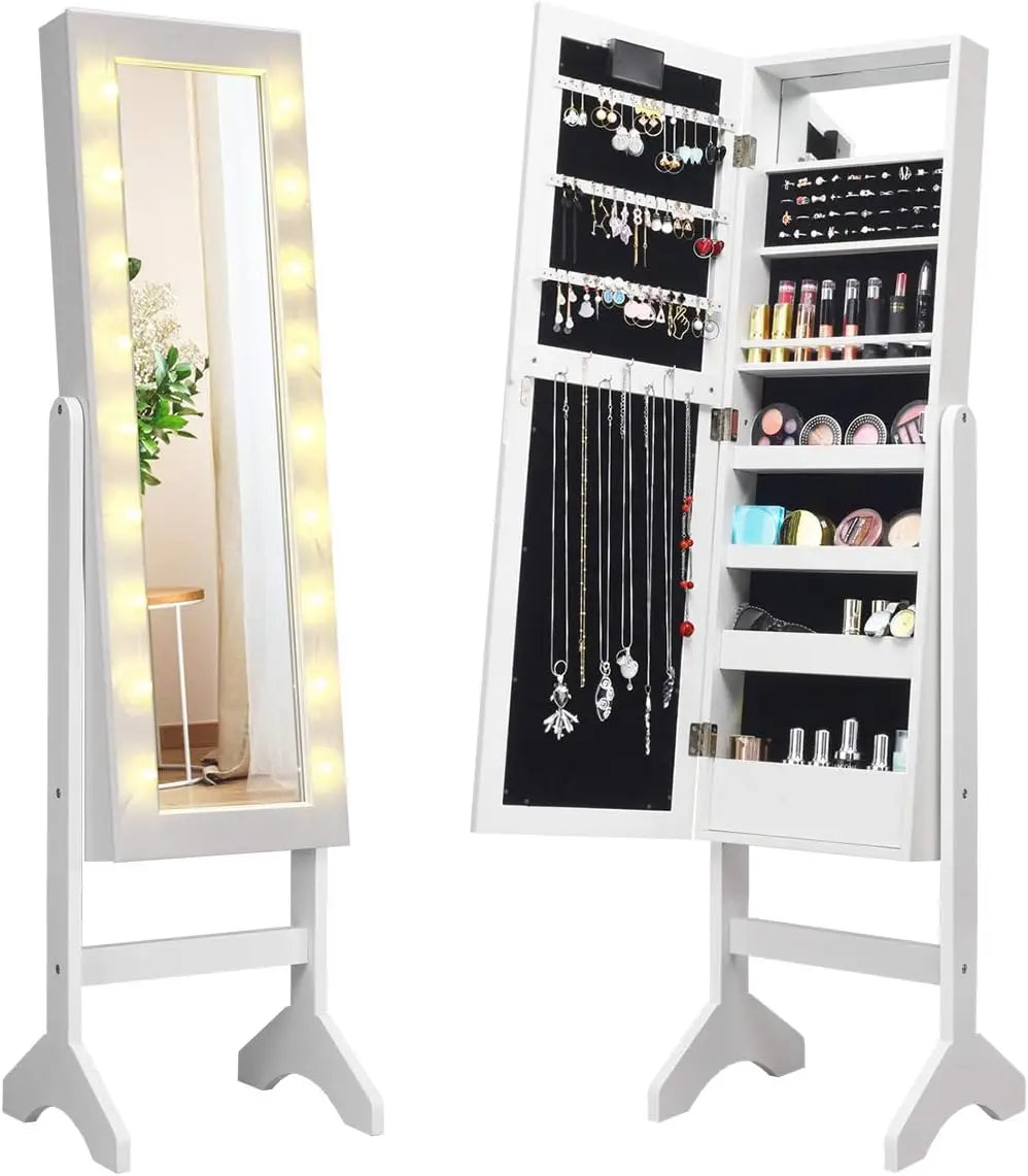 Standing Jewelry Armoire with 18 LED Lights Around The Door, with Full Length Mirror, 16 Lipstick Holders,1 Inside Makeup Mirror