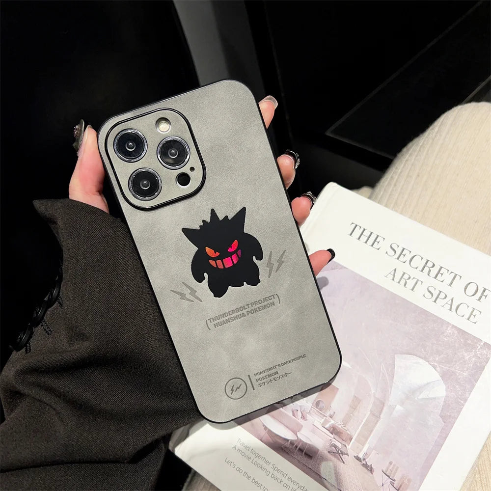 Anime Pokemon Gengar Retro Leather Laser Cases for iPhone 16 15 14 13 12 11 Pro Max 16Plus Cartoon Soft Back Cover