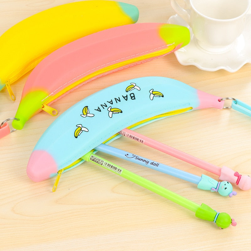 Simple Banana Green Onion Student Pencil Bag Super Cute Silicone Large Capacity Female Pencil Case Purse