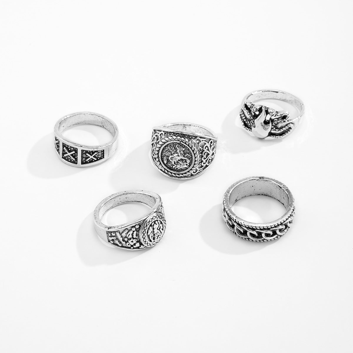 Men's Trendy Metal Ring Retro Style Cool And Handsome Design Sense Totem Geometric Men's Ring 5-Piece Set