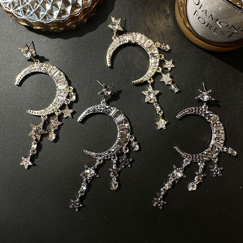 Electroplated Zircon Inlaid Moon Star Earrings for Women