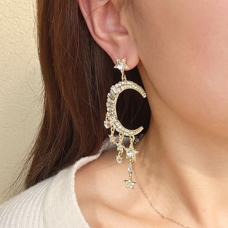 Electroplated Zircon Inlaid Moon Star Earrings for Women