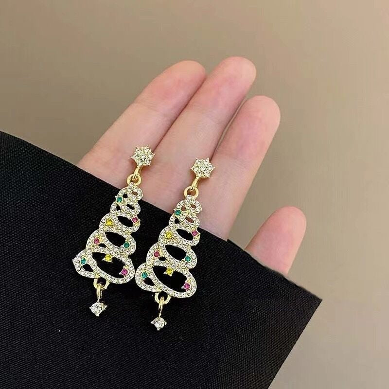 European and American colored gemstone Christmas tree earrings, hollowed out long tassel earrings, Christmas accessories S925 si