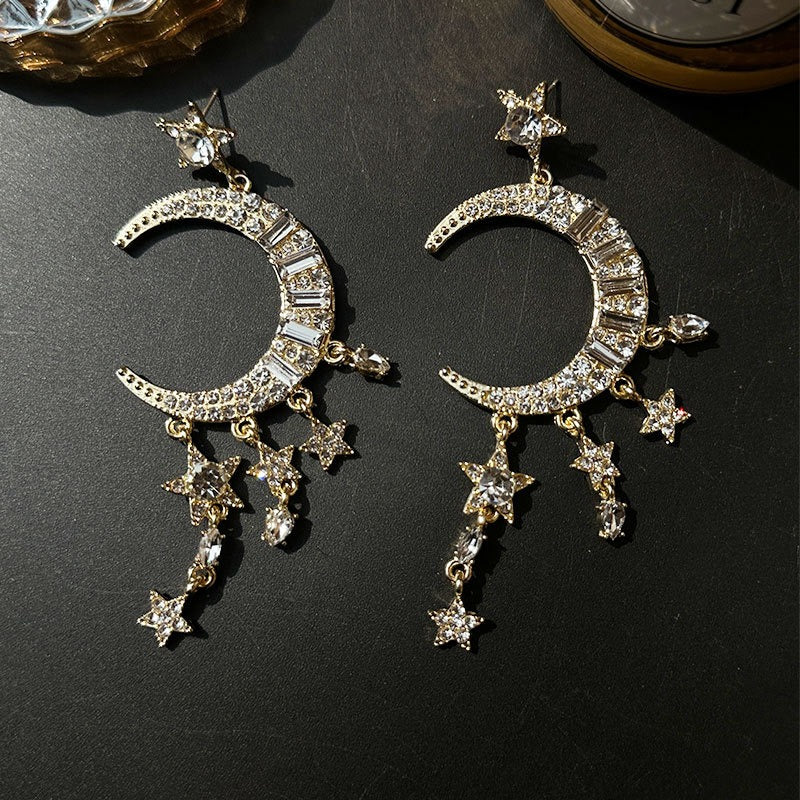 Electroplated Zircon Inlaid Moon Star Earrings for Women