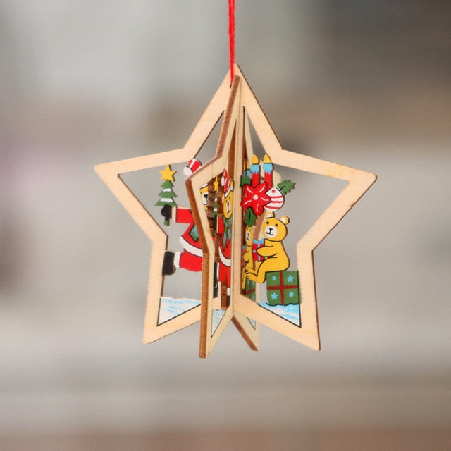 1PC 2D 3D Christmas Ornament Wooden Hanging Pendants Star Xmas Tree Bell Christmas Decorations For Home Party New Year Navidad