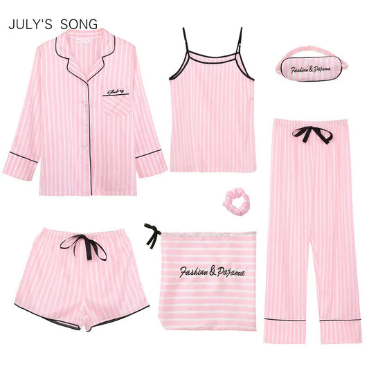 JULY'S SONG Pink Women's 7 Pieces Pajamas Sets Faux Silk Striped Pyjama Women Sleepwear Sets Spring Summer Autumn Homewear