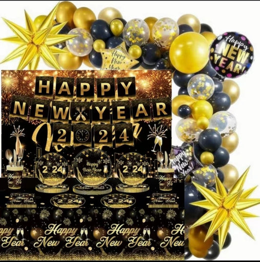 2024 New Year Party Disposable Tableware Black Gold Happy New Year Party Decor Paper Plate Backdrop Banner New Year SuppliesUten tittel 27.des._12:54