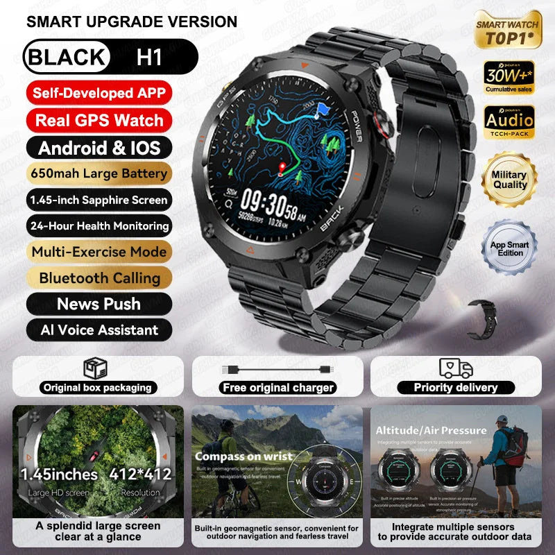 2024 New Outdoor Military GPS Smart Watch Men AMOLED HD Screen Heart Rate Blood Pressure Bluetooth Call Waterproof Smartwatches