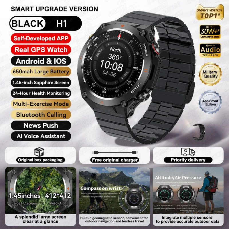 2024 New Outdoor Military GPS Smart Watch Men AMOLED HD Screen Heart Rate Blood Pressure Bluetooth Call Waterproof Smartwatches