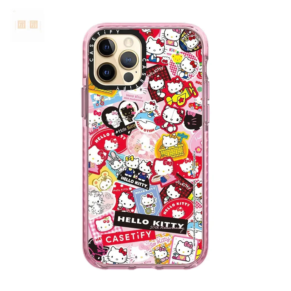 Sanrio Cartoon Hello Kitty Sticker Phone Case All-Inclusive Painted Soft Protection Case for iPhone 11 12 13 14 15 Pro Max X XS