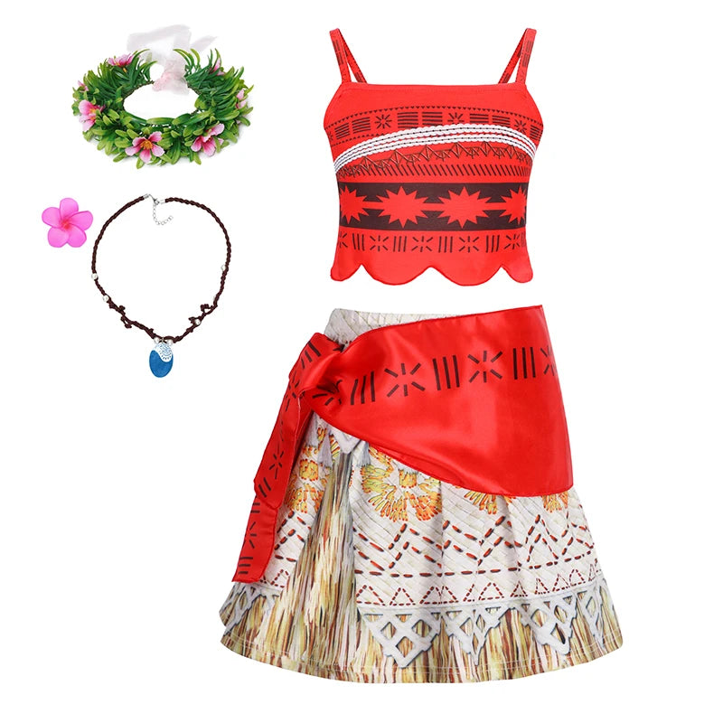 Disney Moana Dresses Girls Cosplay Costume Girl Princess Summer Casual Fancy Clothes Children Vaiana Princess Dress Necklace Wig