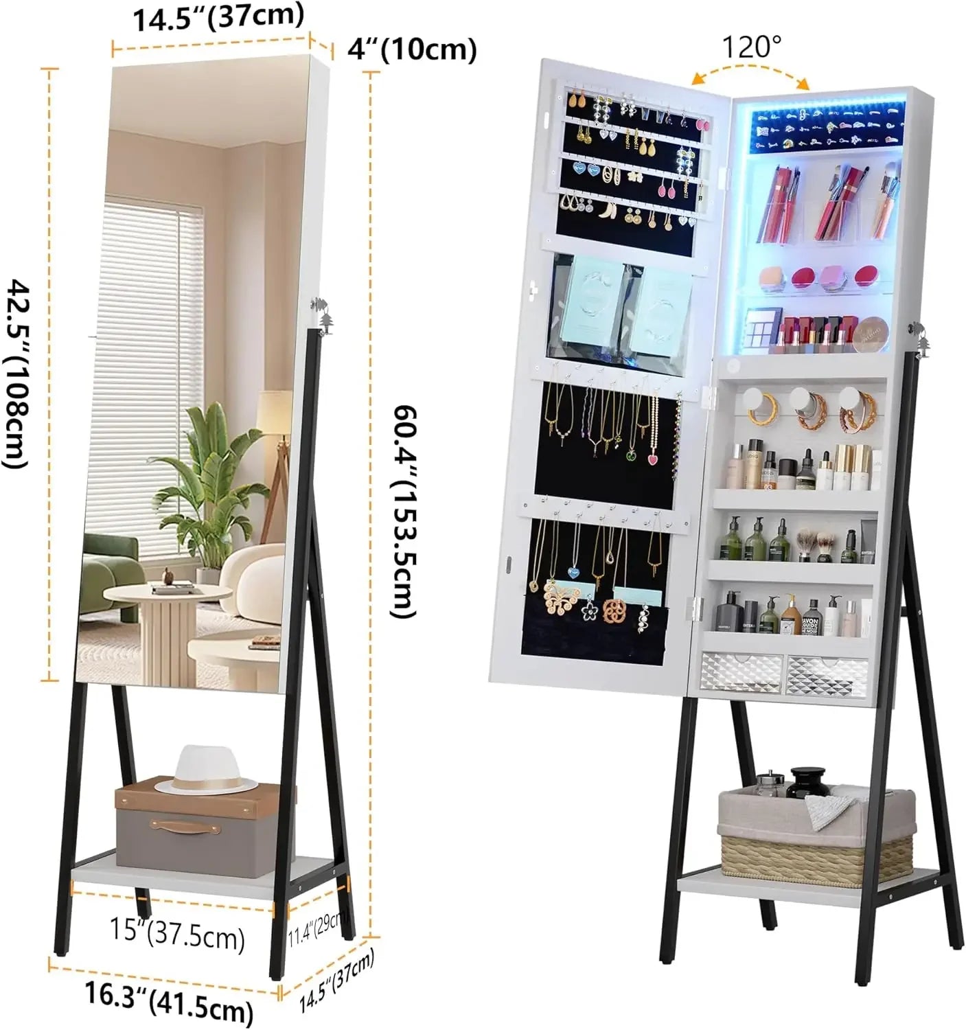 LEDs Mirror Jewelry Cabinet, 60.4" Jewelry Mirror Full Length, Standing Lockable Jewelry Armoire Organizer, Floor Mirror with St