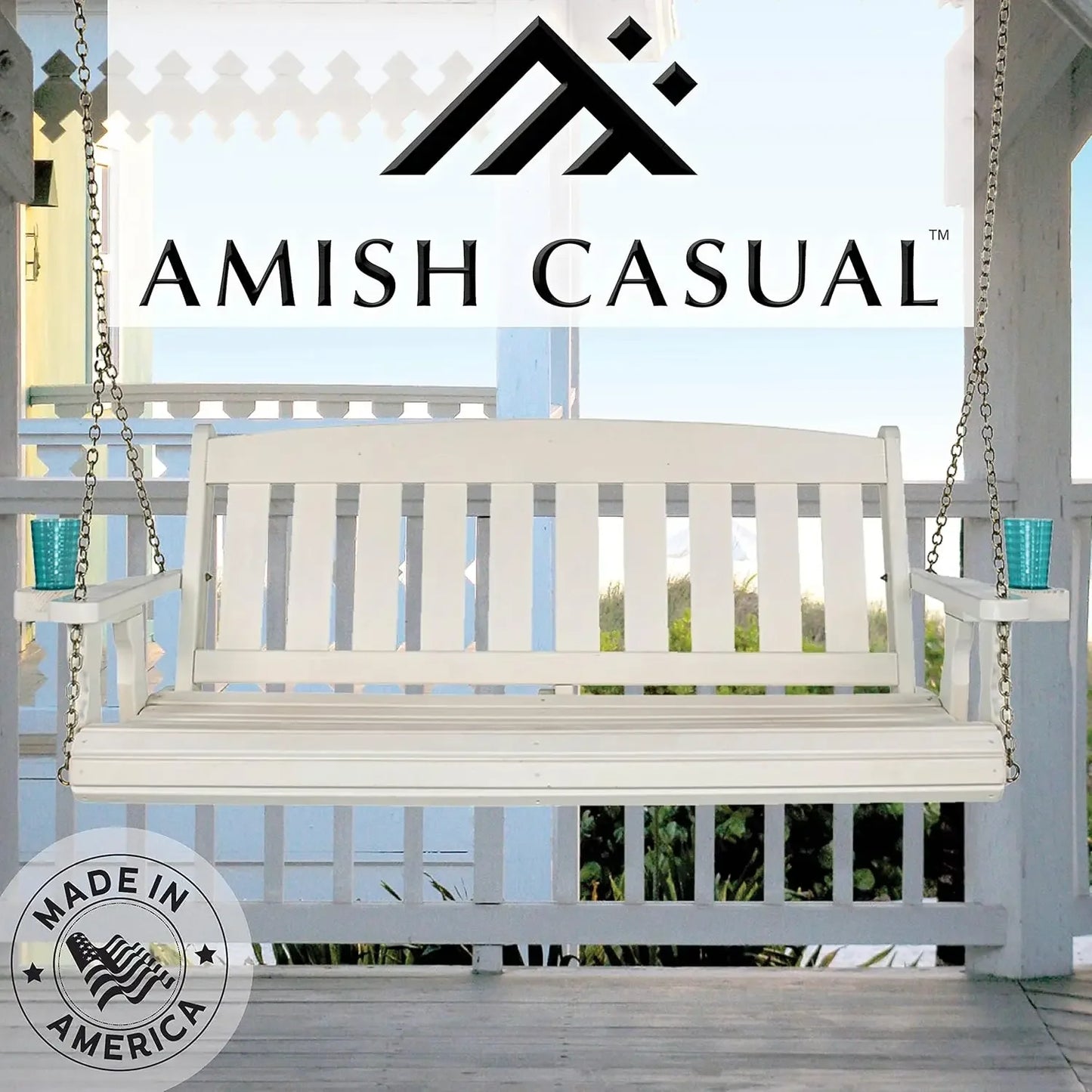 Amish Casual Heavy Duty 800 Lb Mission Treated Porch Swing with Hanging Chains and Cupholders (5 Foot, Semi-Solid White Stain)