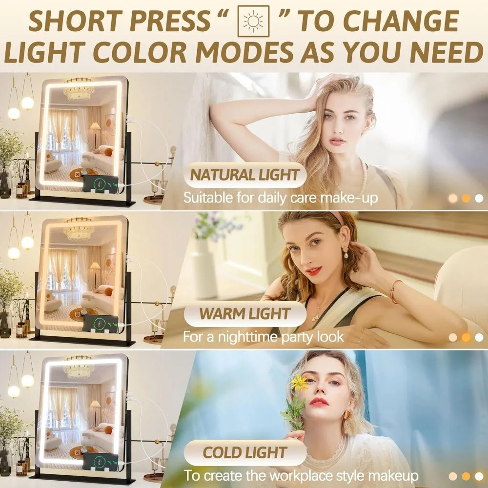 32"x24" Hollywood Vanity Mirror with Lights, 18 Dimmable LED Bulbs, 3 Color Modes, 10X Magnification, USB Charging Port