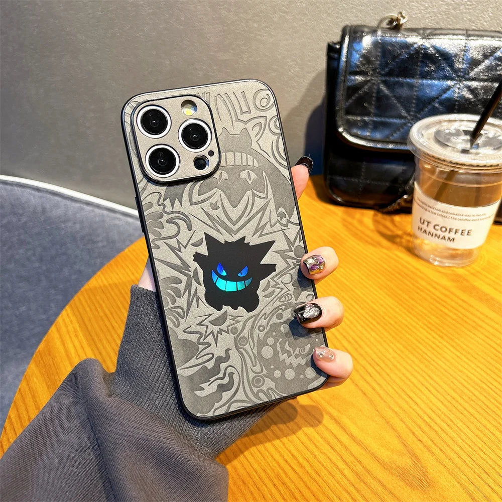 Anime Pokemon Gengar Retro Leather Laser Cases for iPhone 16 15 14 13 12 11 Pro Max 16Plus Cartoon Soft Back Cover